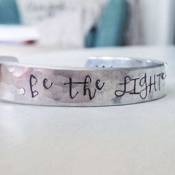 be the LIGHT - 1 Peter 2:9 hand stamped silver cuff bracelet scripture jewelry christian