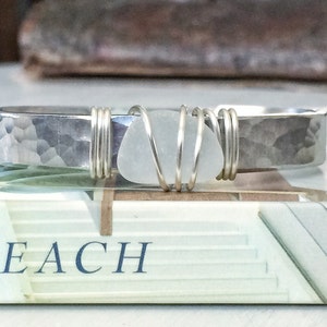 broken into Beautiful Genuine Lake Erie Beach Glass Silver Cuff with hammered finish image 1