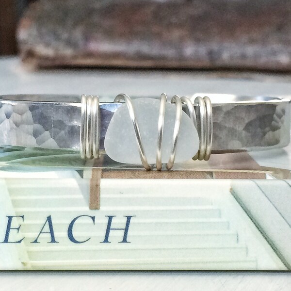 broken into Beautiful - Genuine Lake Erie Beach Glass Silver Cuff with hammered finish