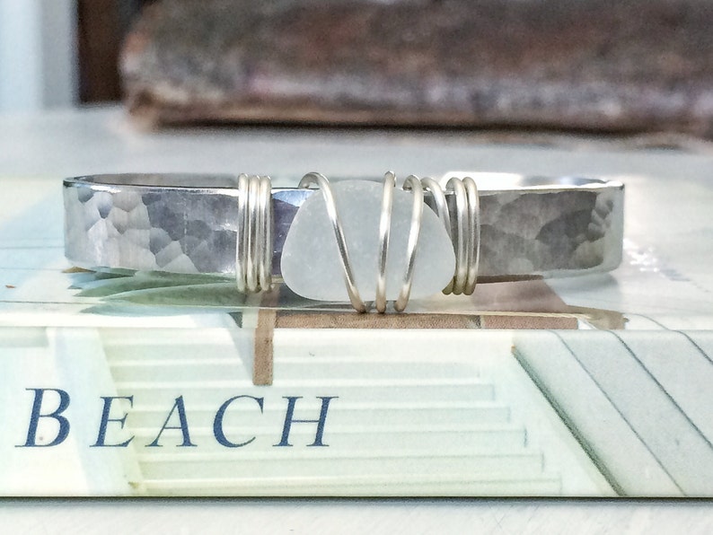 broken into Beautiful Genuine Lake Erie Beach Glass Silver Cuff with hammered finish image 1