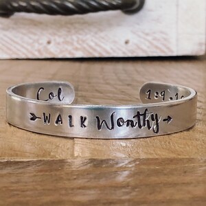 Walk Worthy hand stamped silver cuff bracelet Colossians scripture bracelet Christian jewelry image 2