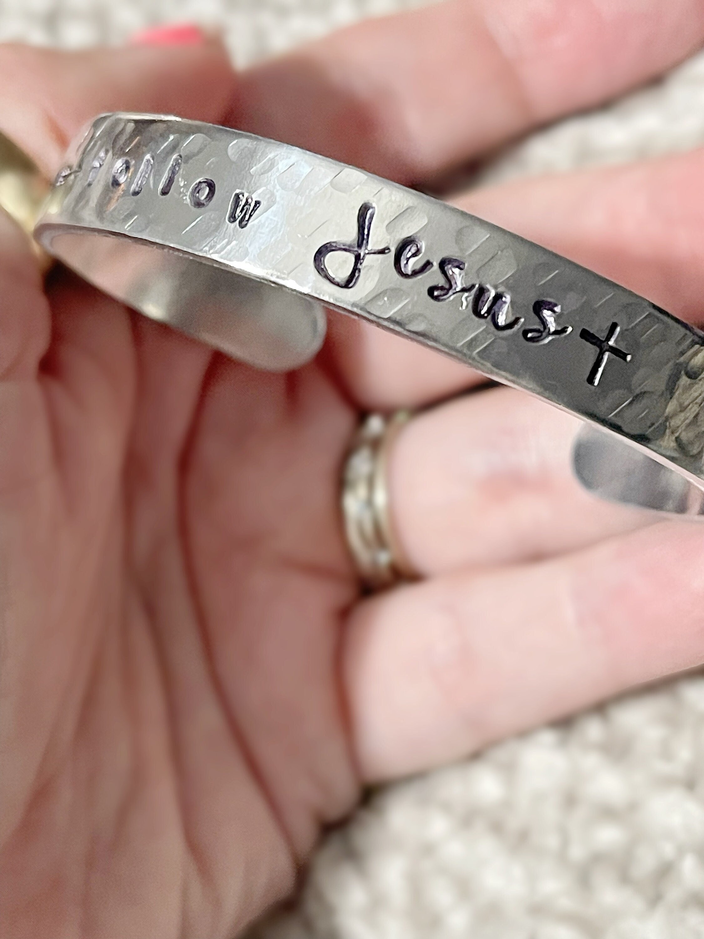 follow Jesus - the way the truth the life - hand stamped silver cuff bracelet