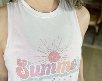 Summer Vibes - crop tank for summer - screen print design - racer back style - cotton poly shirt