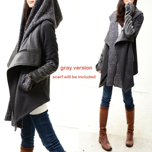 Tuareg - thick cotton fleece jacket and scarf set / lined cotton coat free scarf / thermo jacket / hoodie jacket (Y1228)