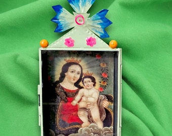 VINTAGE Artisan Made Nicho Shrine with Madonna and Child Picture - Picture Is Removable