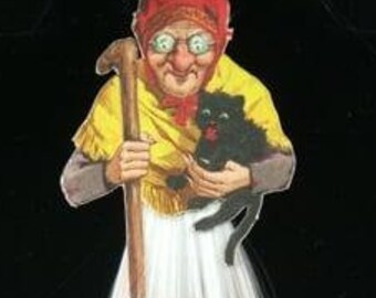 Vintage Witch with Cat Spun Glass Ornament (F-EE)