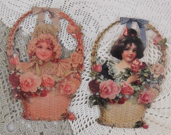 3 Sets - Girls in Baskets Die-Cut Scraps (6 Girls Total) - Reversible - 2 Different Girls - Sturdy Paper (F-SCRP)