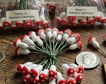 Vintage German Red Mushroom Stems 7mm, Double Headed Wire Miniature Amanita, Pixie Spun Cotton Crafting Supplies, Mushroom Pick