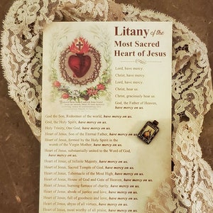 Heiligstes Herz Jesu Set - Große Heilige Karte mit Litanei & Medaille - Gebetskarte - Katholisch - Religiös (DR-002)