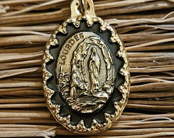 2 Antiqued Gold Our Lady of Lourdes and St Bernadette Medal (JWL-R)