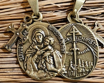 Our Lady of Schoenstatt Medal or Pendant with Mini Cross in Antiqued Gold - SilverCrow Exclusive (JWL)