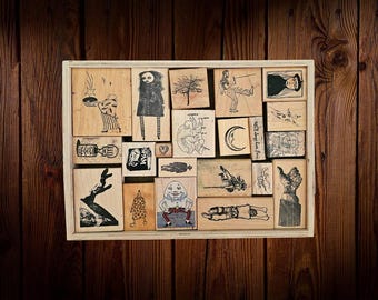 Curated Wood Mounted Rubber Stamp Collection - 21 Vintage & Artist Stamps - Burton Morris, Ken Brown, SilverCrow - Grab Bag Drawer #1