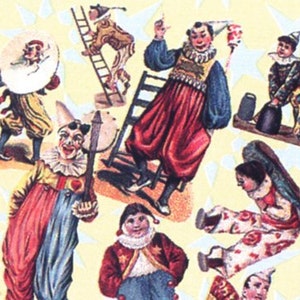 Papel de regalo con diseño de payasos antiguos - Hoja enrollada - Sin doblar - Cumpleaños - Carnaval - Circo - Papel de regalo (S-004)