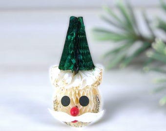 Vintage Honeycomb Santa Ornament with Green Hat (DR-020)