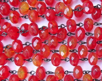 1 yard Ruby & Yellow Rondelle Czech Glass Bead Rosary Chain - Unique Black Links (W-10)