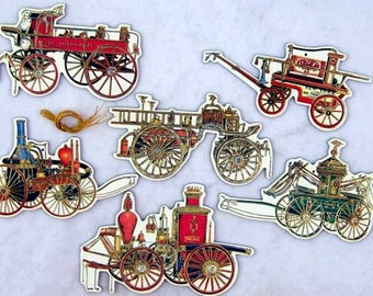 Vintage Set of Old-Time Fire Engine ORNAMENTS  - Reversible - 19th Century Images (DR-033)