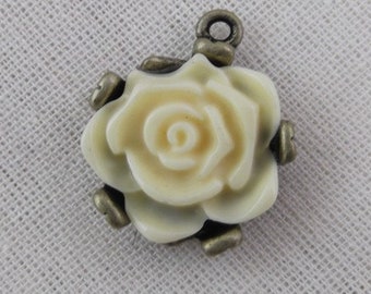 Enchanting Ivory Flower Charms - Elegant Old Style Off White Rose Charm - Antiqued Brass Prong Setting - Summer (DR-008)