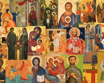 Set 3 - Elegant Assortment of 21 Different Icon-Style Holy Cards - SET 3 - Christian - Orthodox - Catholic - Religious - Prayer Cards (F-EE)