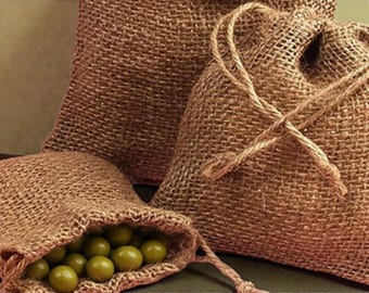 3 Rough Natural Burlap Drawstring Bags - Gift Bag - Party Favor (B-Bin)