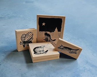 Vintage B Kliban Cat Rubber Stamps - Unused Wood Mounted - Star Gazing, Stretching, Fly Cat, Welcoming Santa - No Returns (DR-022)