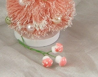 12 Teensy (10mm) Spun Cotton Pink-Topped Amanita Mushrooms - Christmas - Easter - Valentine's Day - Mini - Miniature (DR-021, W-09)