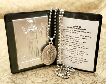 St Francis of Assisi Ex Voto Wallet with Prayer & Medal or Necklace - Saint Francis - Prayer for Peace - St Francis and the Wolf (DR-014)