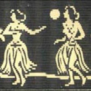 May include: Two women in hula skirts are dancing in front of palm trees. The women are wearing flower leis and have long hair. The background is black.
