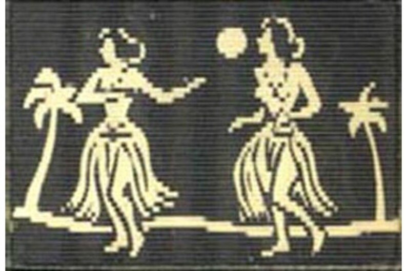 May include: Two women in hula skirts are dancing in front of palm trees. The women are wearing flower leis and have long hair. The background is black.
