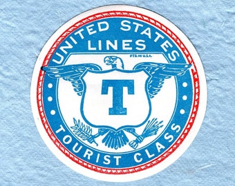 Vintage United States Lines Tourist Class Gummed Luggage Label - Your Choice of Letter (DR-030)