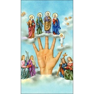 May include: A religious illustration shows a large hand with a wound, supporting figures on clouds. Above, figures with halos stand on clouds. Angels and other figures are present, set against a blue sky.