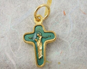 2 Tiny Gold & Blue Enamel Crucifix Charms Featuring Mary and Jesus