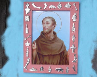 Handmade Milagro Accented Frame - Featuring an Image of St Francis - Image Is Removable