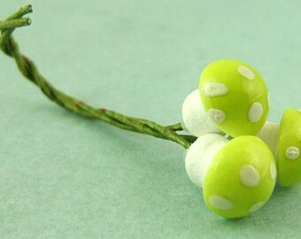 48 Teensy NEW 10mm GREEN Amanita Mushrooms on Green Paper-Wrapped Wire Stems (DR-021)