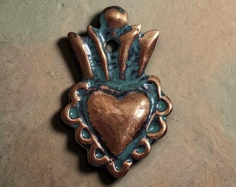 Tiny Patinaed Burnished Copper Flaming Heart Milagro