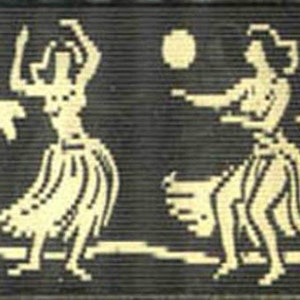 May include: A black and white image of two figures dancing in front of palm trees. The figures are wearing traditional clothing and are holding their arms up in the air. The background is a dark color.