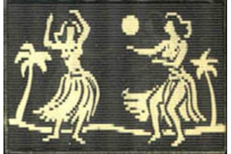 May include: A black and white image of two figures dancing in front of palm trees. The figures are wearing traditional clothing and are holding their arms up in the air. The background is a dark color.