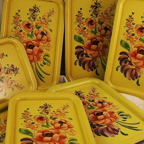 REDUCED - Set of 8 Vintage Yellow and Pink Pastel Flower Metal Serving Trays 1960s (Found 1 More)
