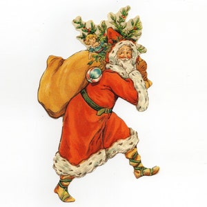 5 Grandes reproduções vitorianas cortadas em pedaços de Papai Noel com seu pacote de guloseimas - Árvore de Natal, etiqueta de presente, enfeite - Papai Noel (F-Scrp)