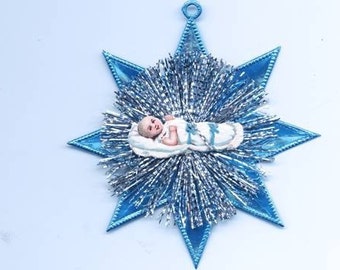 Vintage Scrap Baby Boy and Tinsel Ornament on Blue Dresden Star - SilverCrow Exclusive (DR-033)