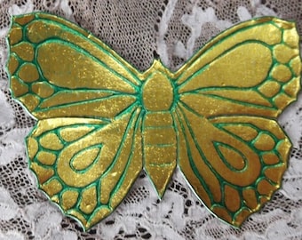 10 Vintage Golden Butterfly Dresdens with Green Highlights - Summer - Butterflies - Spring - Easter (F-DR)