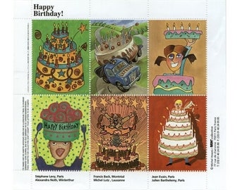 1 Sheet Happy Birthday Artistamps/Faux Postes - Gummed Sticker Stamps - Perforated - Seals - Out of Print (F-STKR)
