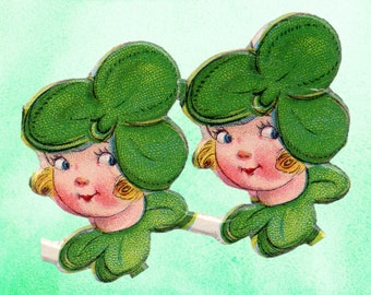 4 pcs Vintage Shamrock Girl Die-Cut & Embossed Scrap - Clover - St Patrick's Day - Irish (F-Scrp)