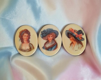 Vintage 1970s 40x30mm Lady Portrait Cabochon - Hard Plastic Oval Cameo - Dollhouse Miniature Painting (JWL)