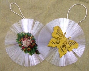 Set of 2 Vintage Spun Glass Ornaments - Floral Spray and Yellow Dresden Butterfly - Holiday - Christmas (F-EE)