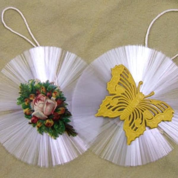 Set of 2 Vintage Spun Glass Ornaments - Floral Spray and Yellow Dresden Butterfly - Holiday - Christmas (F-EE)