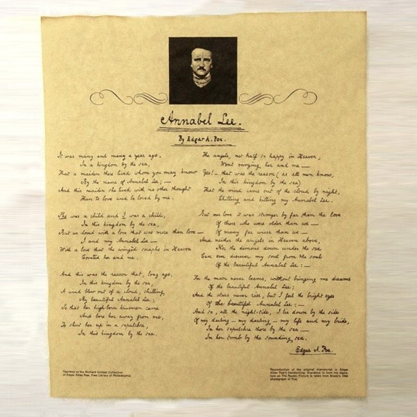 1 Annabel Lee by Edgar Allan Poe in his own Hand on Faux Parchment Reproduction Document Collage Sheet - Poem - Eternal Love (S-025)