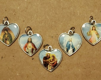 5 Colorful Heart Medals - WYSIWYG - Guadalupe, Sacred Heart of Jesus, Holy Family, Divine Mercy - Our Lady of Grace (Dr-002)