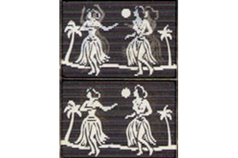 May include: Two black and white illustrations of hula dancers with palm trees in the background. The dancers are wearing grass skirts and are holding flowers.