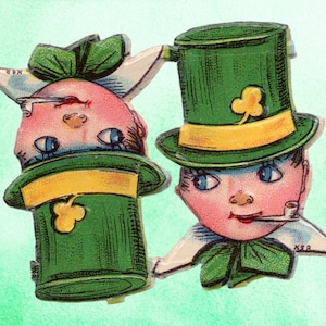 May include: Two cartoon figures wearing green hats with shamrocks. One figure is holding a pipe and the other has a green bow tie.