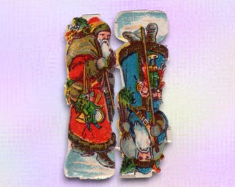 2 Antique Tiny Santa Scraps (1 Red, 1 Blue)